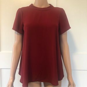 Sienna Sky Burgundy Red Flowy Hi Collar Textured Short Sleeves Blouse Top XS